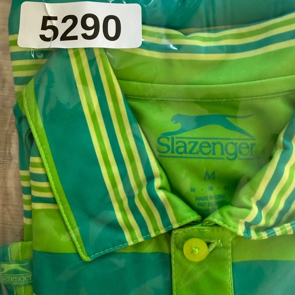 Slazenger Polo Shirt Mens M Green Teal Striped 101014 Short Sleeve Golf Sporty